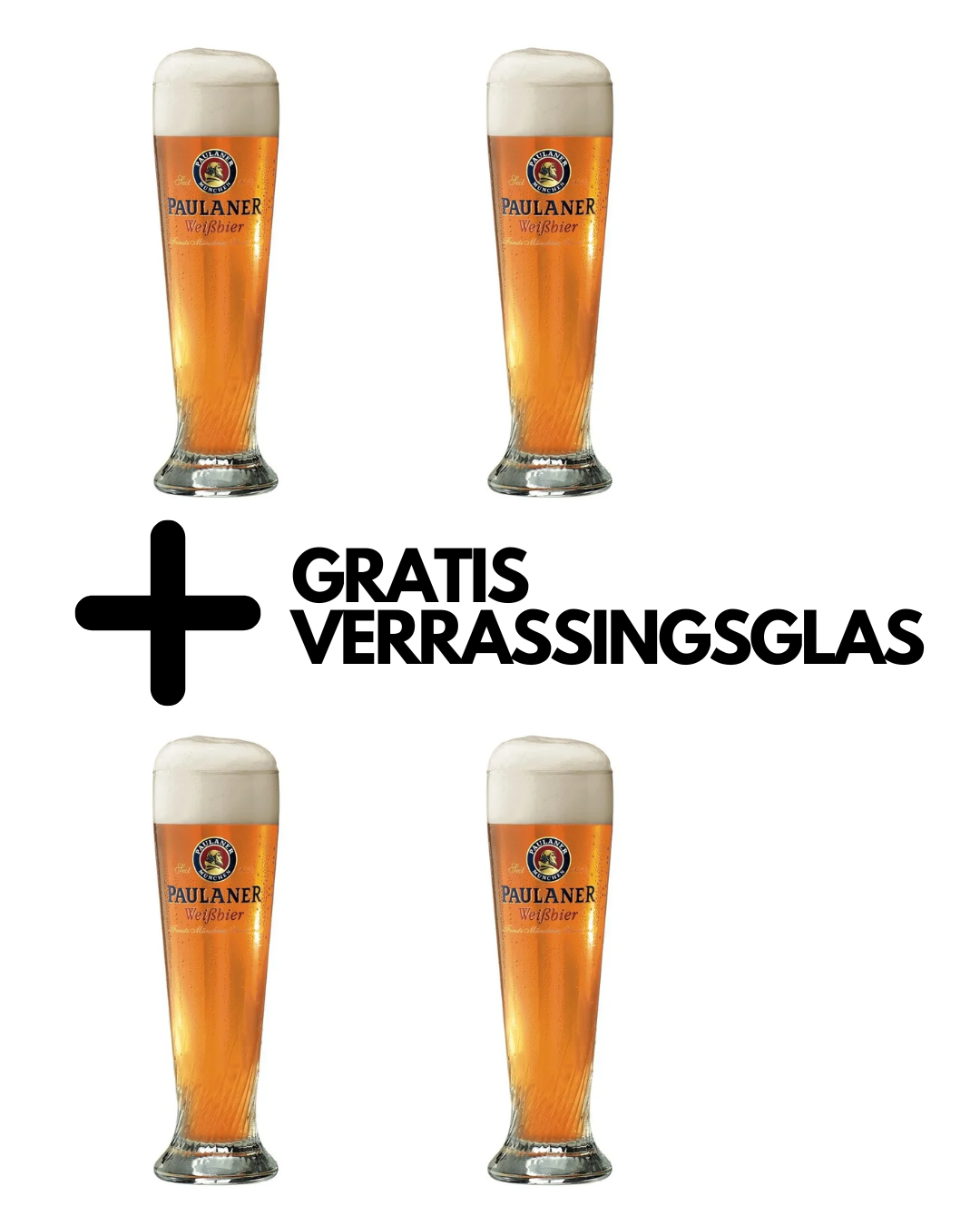 Vier Paulaner weizenglazen van 50cl met gratis verrassingsglas