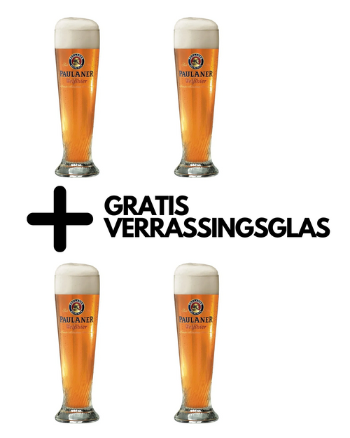 Vier Paulaner weizenglazen van 50cl met gratis verrassingsglas